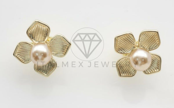 Arete de Lujo - 106760 - Arete Flor con Perla - Oro Laminado 18K