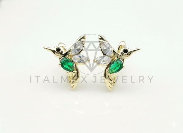 Arete de Lujo - 106761 - Huggie Colibrí CZ Verde y Clara - Oro Laminado 18K