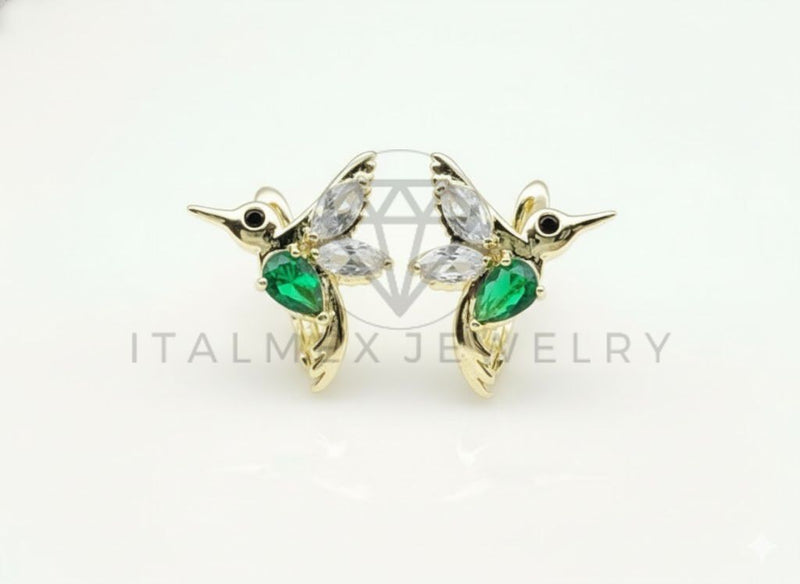 Arete de Lujo - 106761 - Huggie Colibrí CZ Verde y Clara - Oro Laminado 18K