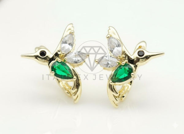 Arete de Lujo - 106761 - Huggie Colibrí CZ Verde y Clara - Oro Laminado 18K