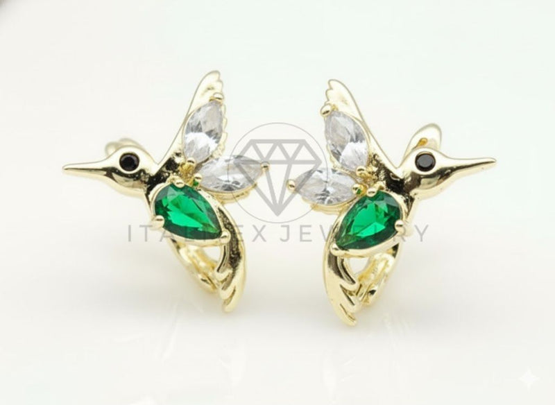 Arete de Lujo - 106761 - Huggie Colibrí CZ Verde y Clara - Oro Laminado 18K