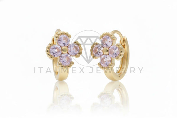 Arete de Lujo - 106762 - Huggie Flor CZ Rosa - Oro Laminado 18K