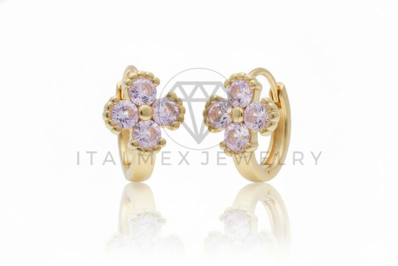Arete de Lujo - 106762 - Huggie Flor CZ Rosa - Oro Laminado 18K
