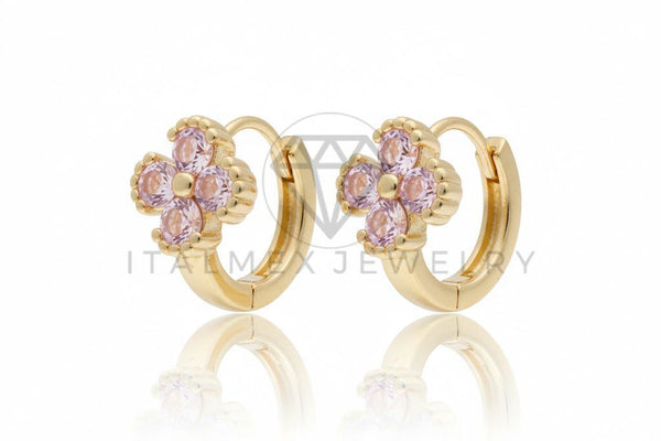 Arete de Lujo - 106762 - Huggie Flor CZ Rosa - Oro Laminado 18K