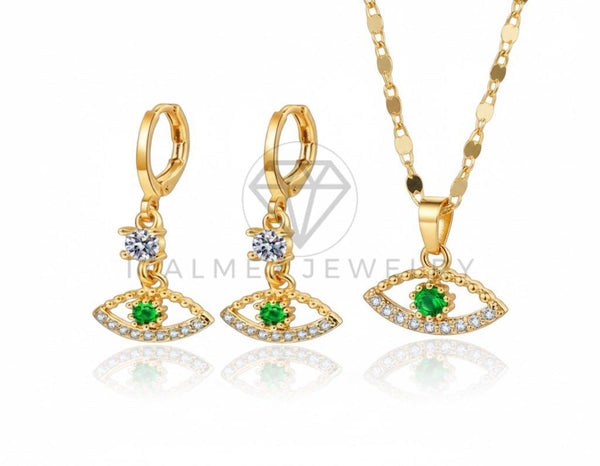 Juego de Lujo - 106795 - Juego CZ Ojo Verde y CZ Clara  - Oro Laminado 18K