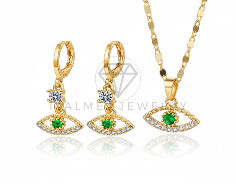Juego de Lujo - 106795 - Juego CZ Ojo Verde y CZ Clara  - Oro Laminado 18K