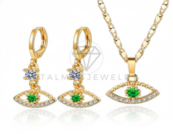 Juego de Lujo - 106795 - Juego CZ Ojo Verde y CZ Clara  - Oro Laminado 18K