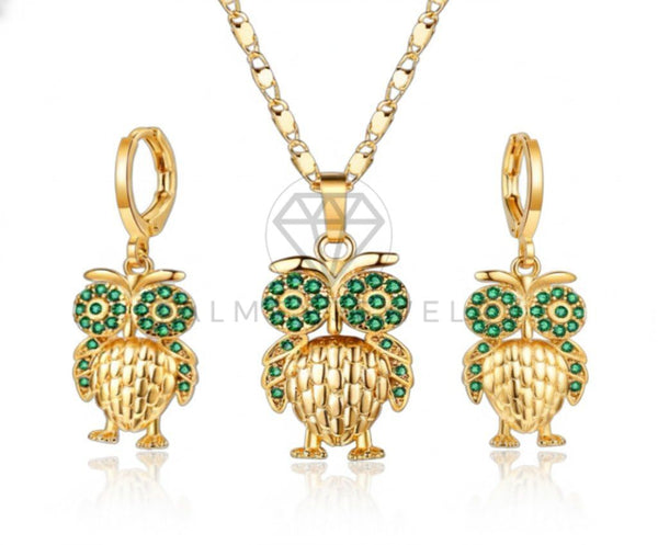 Juego de Lujo - 106796 - Juego Buho CZ Verde - Oro Laminado 18K