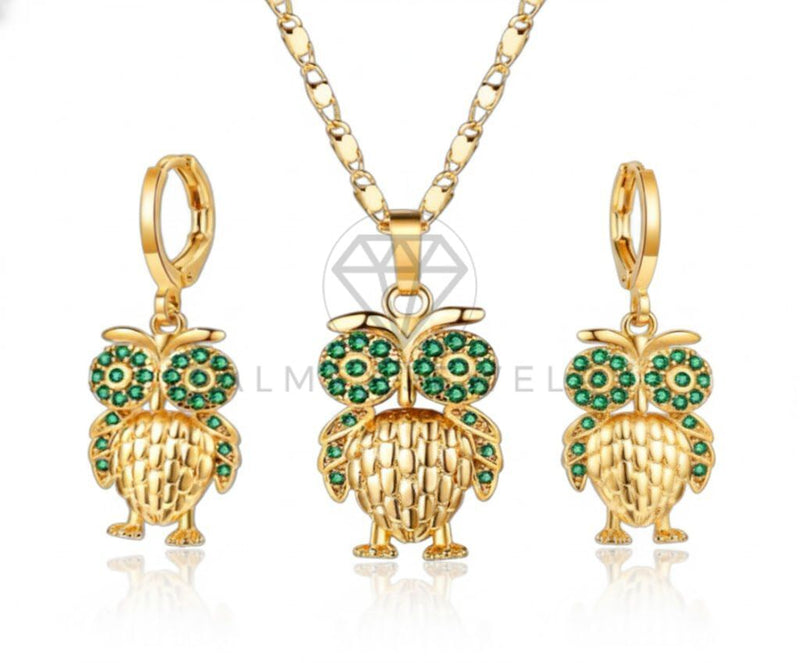 Juego de Lujo - 106796 - Juego Buho CZ Verde - Oro Laminado 18K