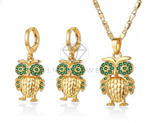 Juego de Lujo - 106796 - Juego Buho CZ Verde - Oro Laminado 18K