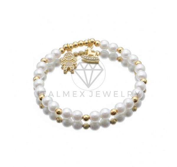 Pulsera de Lujo - 106832 - Pulsera Perlitas con CZ Clara de Niña y Caballito - Oro Laminado 18K