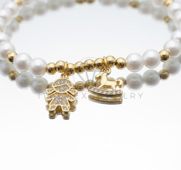Pulsera de Lujo - 106832 - Pulsera Perlitas con CZ Clara de Niña y Caballito - Oro Laminado 18K
