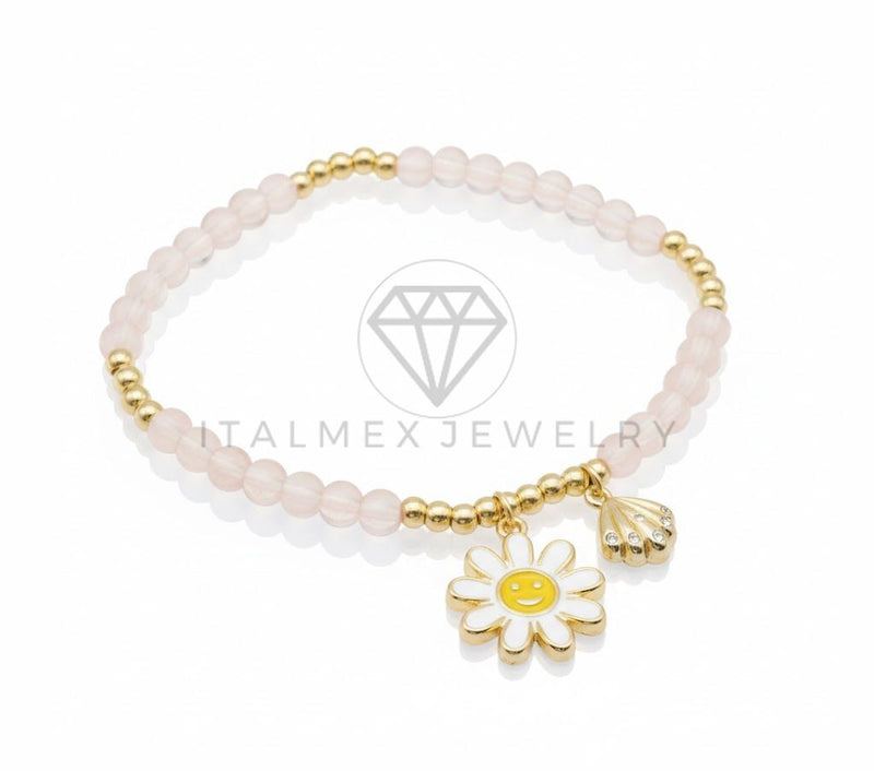 Pulsera de Lujo - 106834 - Pulsera Rosa Flor con Carita Feliz - Oro Laminado 18K