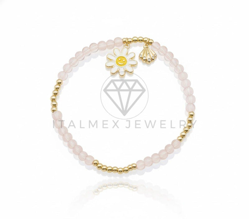 Pulsera de Lujo - 106834 - Pulsera Rosa Flor con Carita Feliz - Oro Laminado 18K