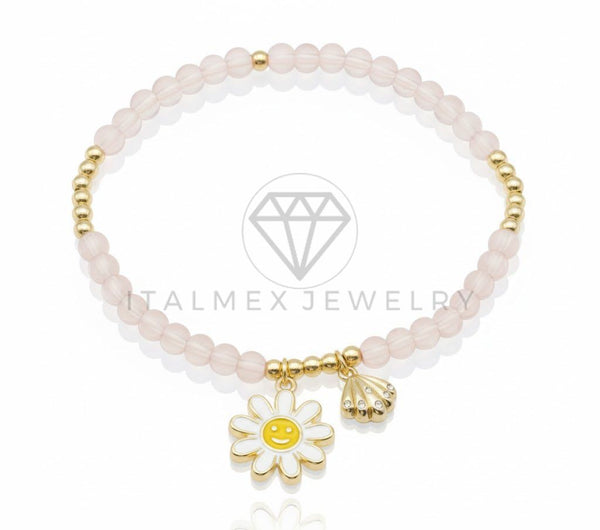 Pulsera de Lujo - 106834 - Pulsera Rosa Flor con Carita Feliz - Oro Laminado 18K