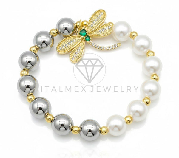 Pulsera de Lujo - 106835 - Pulsera Libélula CZ Verde y Clara con Bolitas de Perla - Oro Laminado 18K