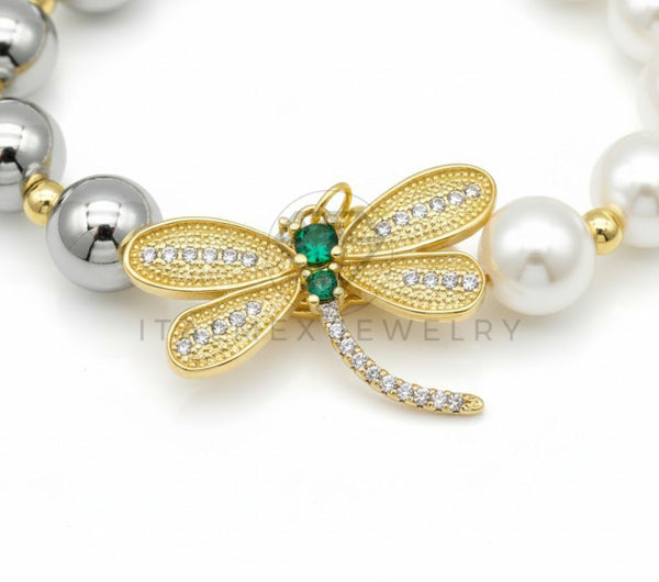 Pulsera de Lujo - 106835 - Pulsera Libélula CZ Verde y Clara con Bolitas de Perla - Oro Laminado 18K