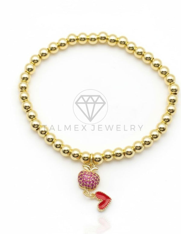 Pulsera de Lujo - 106829 - Pulsera Manzana CZ Rosa y Corazon Rojo - Oro Laminado 18K