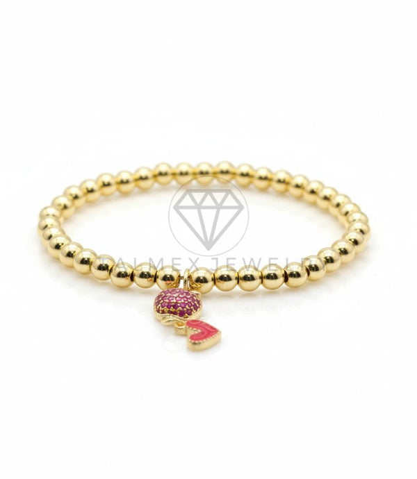 Pulsera de Lujo - 106829 - Pulsera Manzana CZ Rosa y Corazon Rojo - Oro Laminado 18K