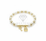 Pulsera de Lujo - 106842 - Pulsera Perlas con Dijes de Candado y Llave CZ Clara - Oro Laminado 18K