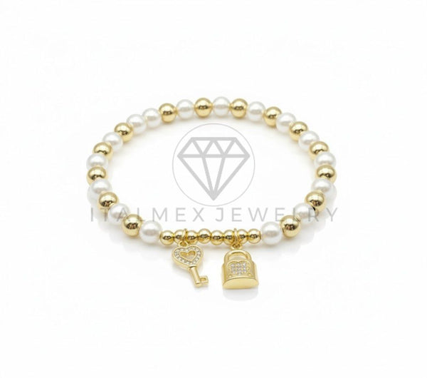 Pulsera de Lujo - 106842 - Pulsera Perlas con Dijes de Candado y Llave CZ Clara - Oro Laminado 18K