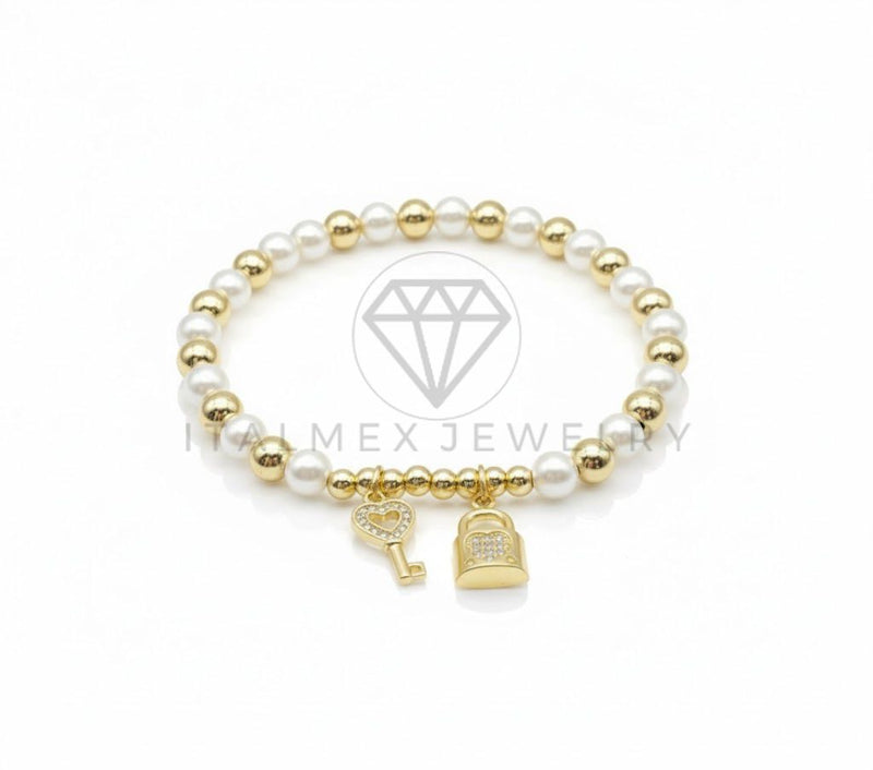 Pulsera de Lujo - 106842 - Pulsera Perlas con Dijes de Candado y Llave CZ Clara - Oro Laminado 18K