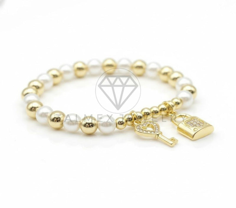 Pulsera de Lujo - 106842 - Pulsera Perlas con Dijes de Candado y Llave CZ Clara - Oro Laminado 18K