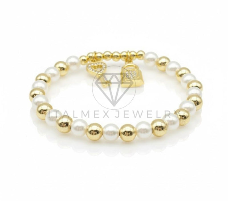 Pulsera de Lujo - 106842 - Pulsera Perlas con Dijes de Candado y Llave CZ Clara - Oro Laminado 18K