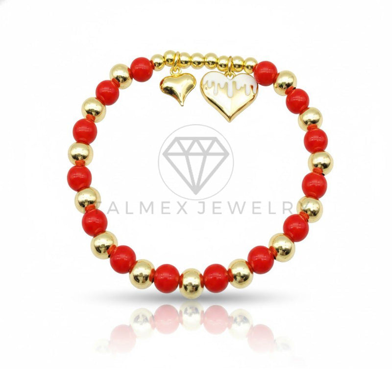 Pulsera de Lujo - 106850 - Pulsera Dos Corazones con Bolitas Rojas - Oro Laminado 18K