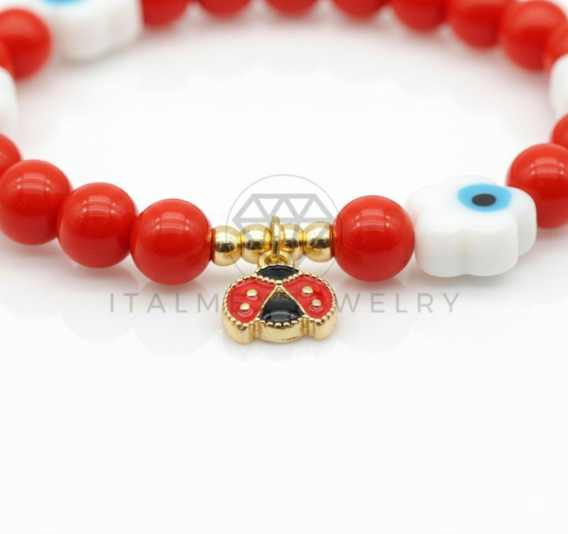 Pulsera de Lujo - 106886 - Pulsera Roja, Flor Ojo Turco y Catarina - Oro Laminado 18K