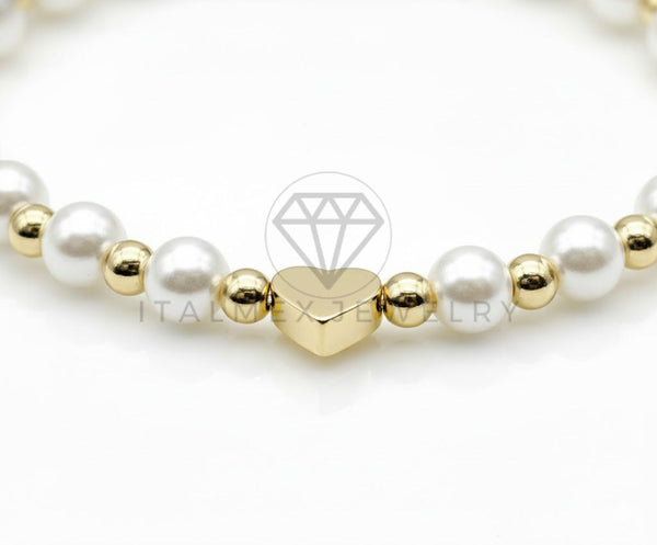 Pulsera de Lujo - 106917 - Pulsera Ajustable Perlitas con Corazon - Oro Laminado 18K