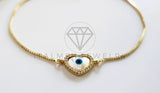 Pulsera de Lujo - 107021 - Pulsera Ajustable Perlita Corazon con de Ojo Turco CZ Clara - Oro Laminado 18K