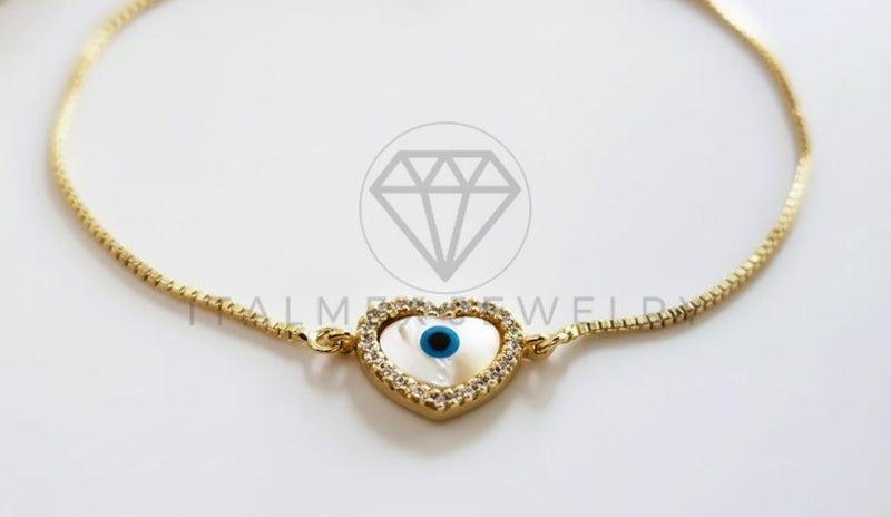 Pulsera de Lujo - 107021 - Pulsera Ajustable Perlita Corazon con de Ojo Turco CZ Clara - Oro Laminado 18K