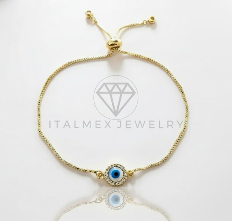 Pulsera de Lujo - 107017 - Pulsera Ajustable Perlita Ojo Turco CZ Clara - Oro Laminado 18K