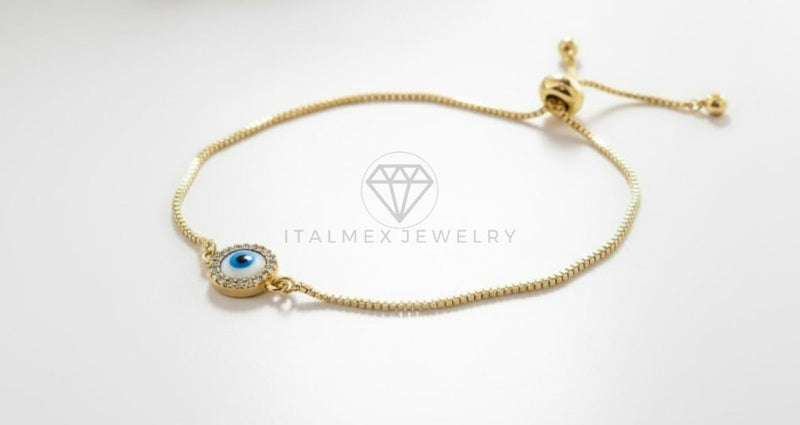 Pulsera de Lujo - 107017 - Pulsera Ajustable Perlita Ojo Turco CZ Clara - Oro Laminado 18K