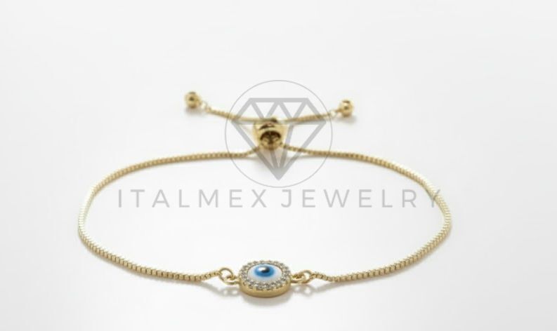 Pulsera de Lujo - 107017 - Pulsera Ajustable Perlita Ojo Turco CZ Clara - Oro Laminado 18K