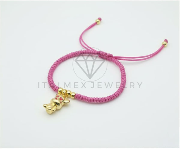 Pulsera de Lujo- 106422 - Pulsera Ajustable Rosa con Dije de Osito CZ Oro Laminado 18K
