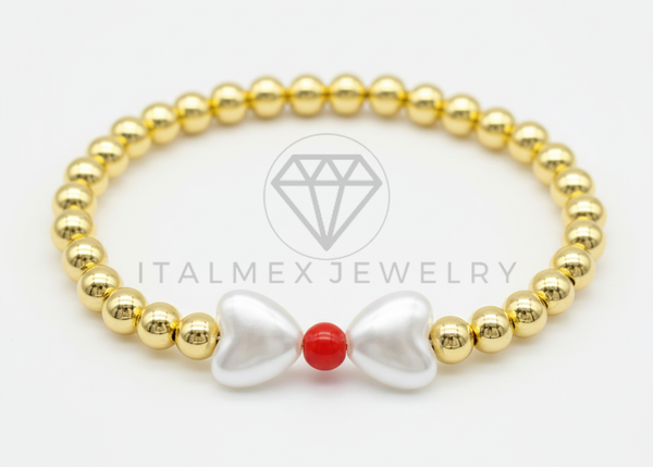 Pulsera de Lujo- 106420 - Pulsera Corazones Perlas con Bolita Roja y Oro Laminado 18K