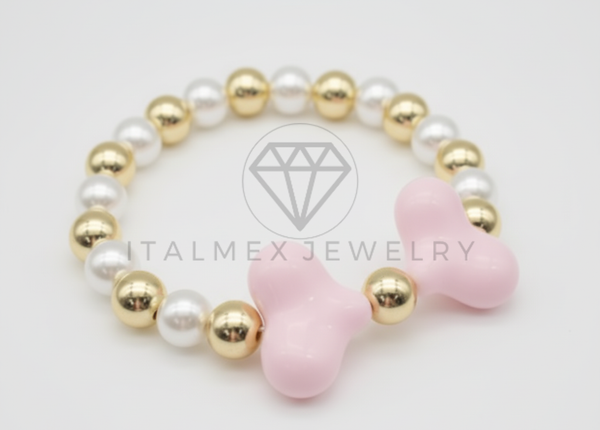 Pulsera de Lujo- 106419 - Pulsera Corazones Rosas con Perla y Oro Laminado 18K