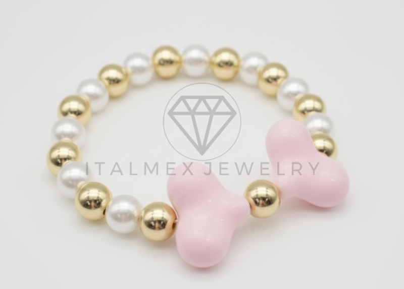 Pulsera de Lujo- 106419 - Pulsera Corazones Rosas con Perla y Oro Laminado 18K