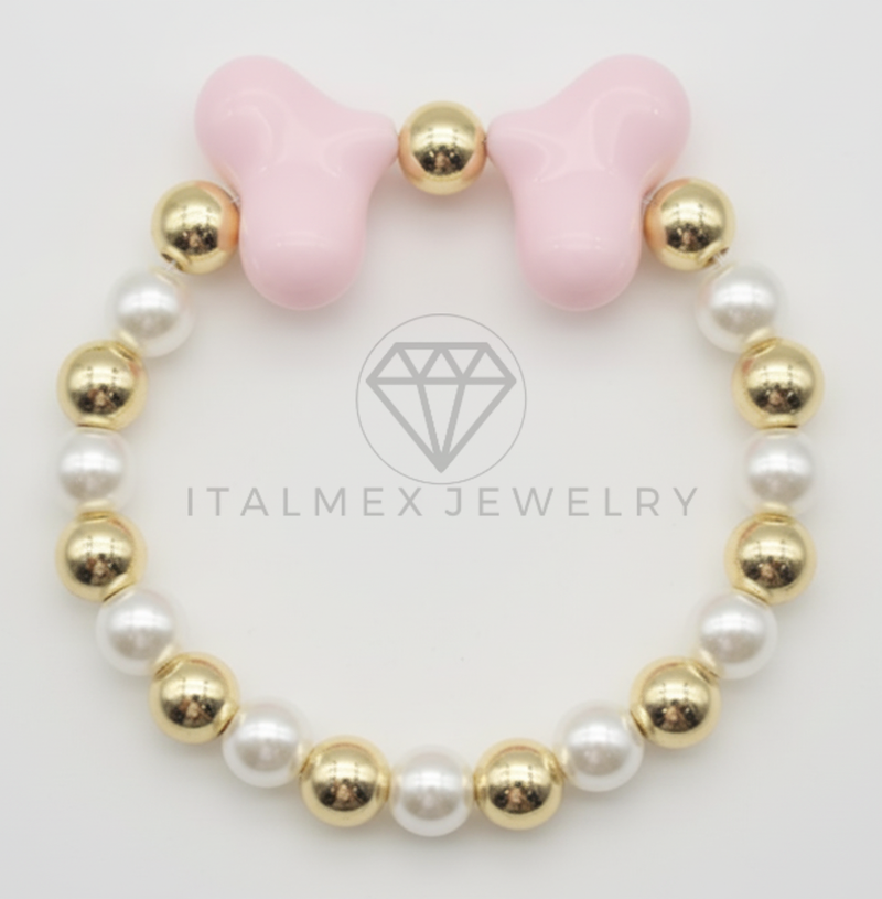 Pulsera de Lujo- 106419 - Pulsera Corazones Rosas con Perla y Oro Laminado 18K