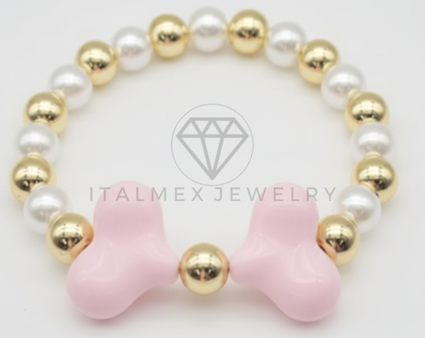 Pulsera de Lujo- 106419 - Pulsera Corazones Rosas con Perla y Oro Laminado 18K