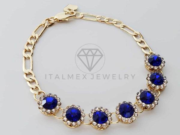 Pulsera de Lujo - 100258 - Diseño de CZ Redonda Color Azul Oro Laminado 18K