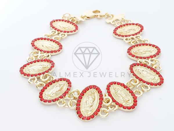 Pulsera de Lujo - 100207 - Diseño de Moneda de la Virgen de Guadalupe Con CZ Roja Oro Laminado 18K