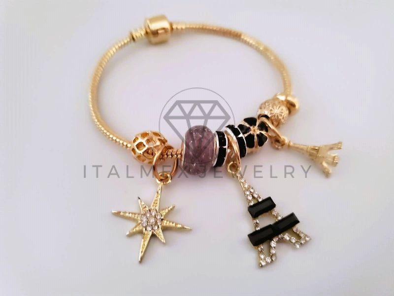 Pulsera Elegante - 104300 - Pulsera Estilo PDR Torre Eiffel CZ Negra Oro Laminado 18K