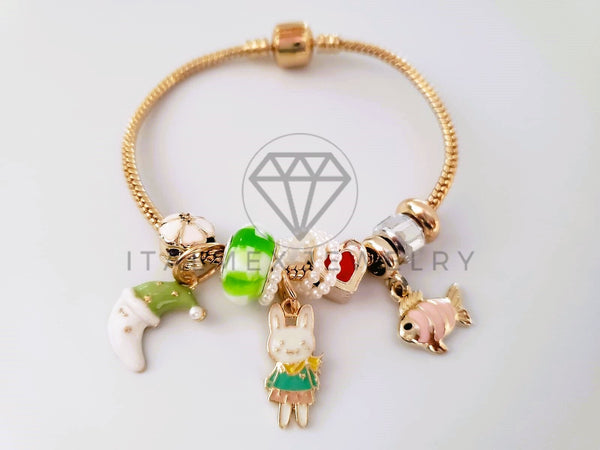 Pulsera Elegante - 104307 - Pulsera Estilo PDR Luna, Conejito y Pez Oro Laminado 18K