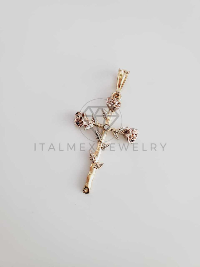 Dije Elegante - 102364 - Dije Cruz con Rosa Tamaño Mediana Oro Laminado 18K
