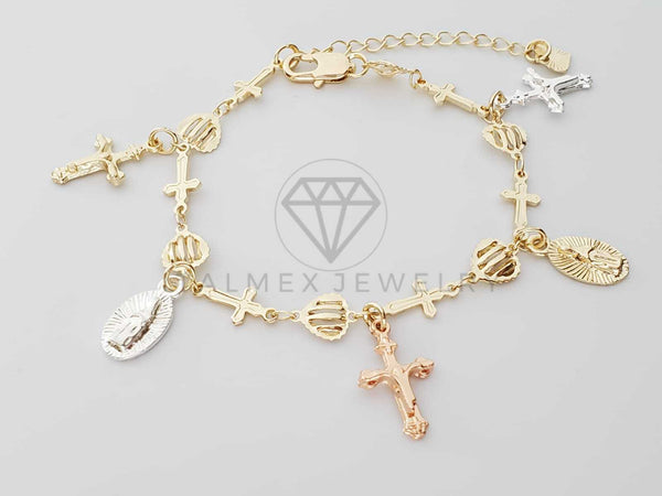 Pulsera Elegante - 100235 - Diseño de Corazón con Cruz y Virgen 3 Tonos Oro Laminado 18K