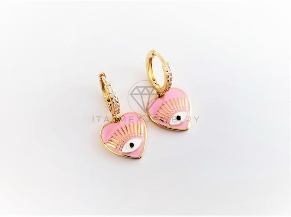 Arete de Lujo - 103148 - Diseño Corazón Ojo Turco Rosa Oro Laminado 18K