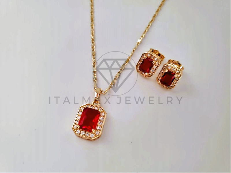 Juego de Lujo - 103946 - Diseño Rectangular con Circonia Roja Oro Laminado 18K